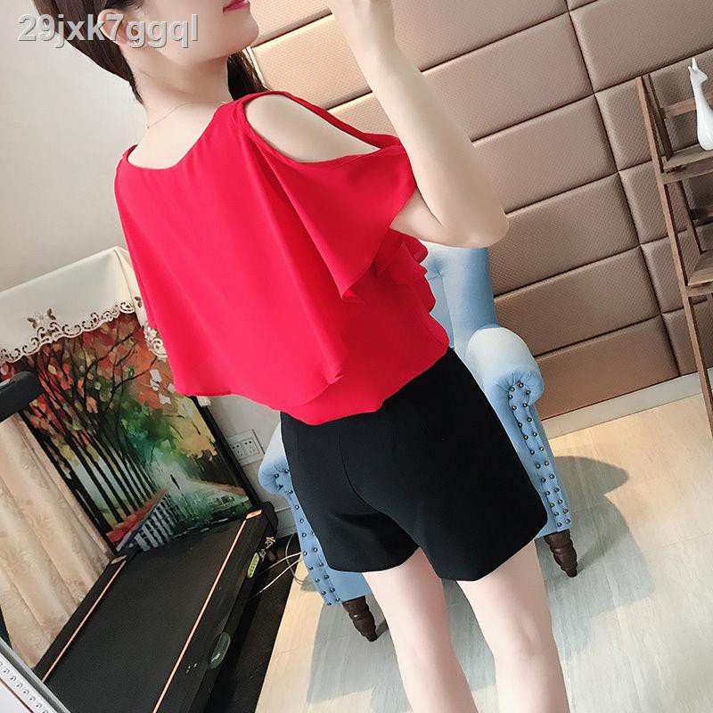 áo trễ vaiÁo voan trễ vai nữ tay ngắn 2021 phiên bản Hàn Quốc mới mùa hè dáng rộng và mỏng V - blouse cổ yếm ki