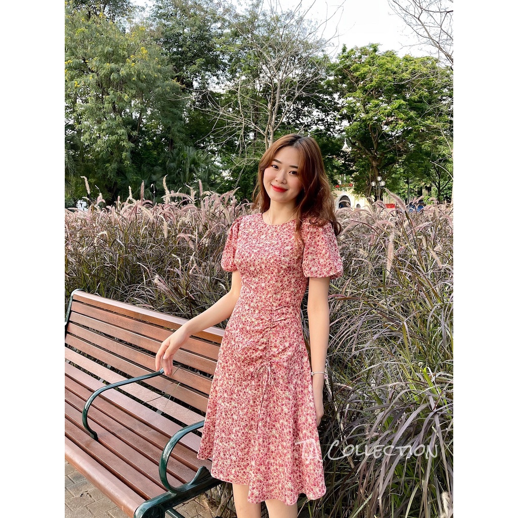 Váy thiết kế AURORA hoa nhí 2 lớp nhún eo cổ tròn bóp eo hack dáng tôn da chất liệu tơ dệt thoáng mát