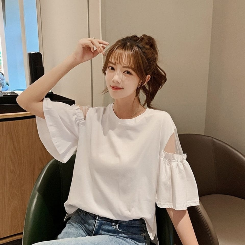 White Short-sleeved T-shirt Women's Short New Korean Version of The Trend Ins Loose Round Neck T-shirt Off-shoulder Top