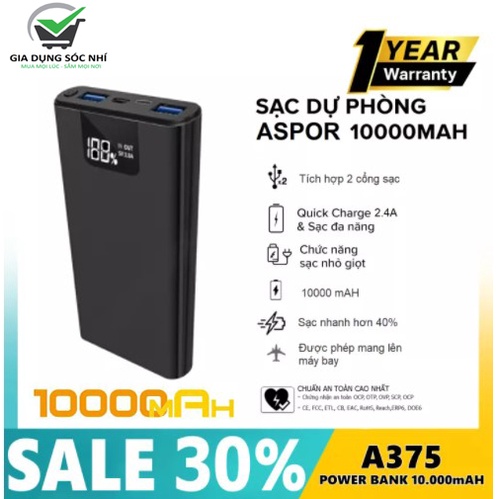 ⚡️Sạc Nhanh 2.4A + Màn LED⚡️ Sạc dự phòng 10000mAH A375 công suất 37WH -2.4A sạc nhanh IQ siêu mỏng, siêu nhẹ, chắc chắn