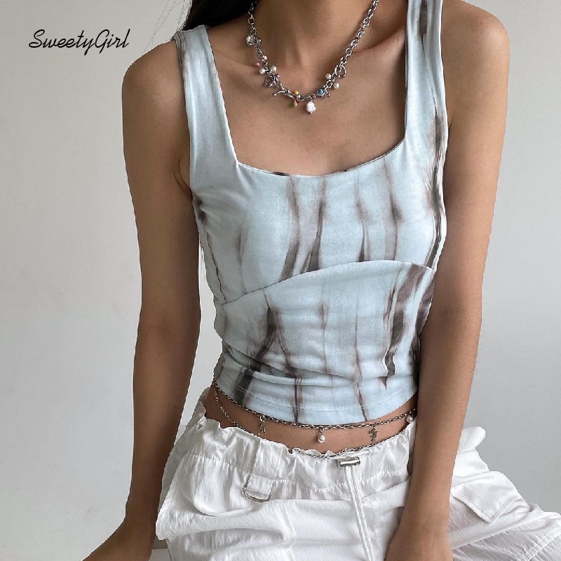 Áo Tank Top Cổ Vuông Ôm Eo In Họa Tiết Mực In Thời Trang 2022 Cho Nữ