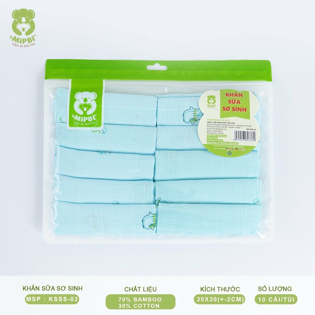 Khăn sữa sơ sinh Mipbi 2 lớp cotton mềm mại, kháng khuẩn KSSS02 (Túi 10 chiếc)