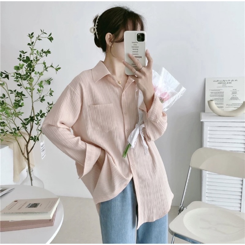 Áo sơ mi trơn tay dài cơ bản màu pastel ngọt ngào freesize FIORI STORE 383