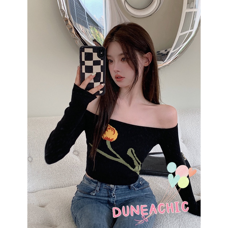 DUNEA Áo Croptop Dệt Kim Tay Dài Trễ Vai Thiết Kế Quyến Rũ Cho Nữ