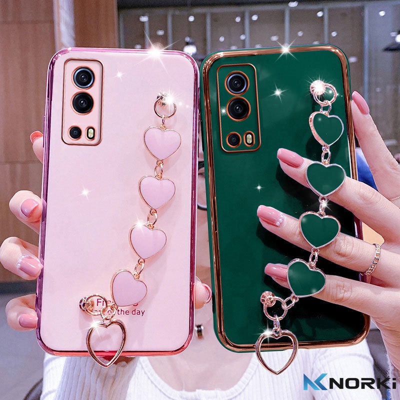 Ốp Điện Thoại Silicon Mềm Mạ Hình Trái Tim Có Dây Đeo Cho Vivo X70 X60 X50 X30 X27 Pro