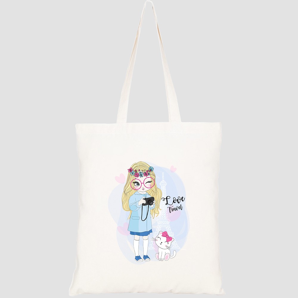 Túi vải tote canvas HTFashion in hình cute girl with cat HT126