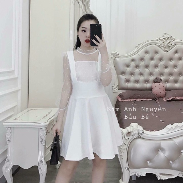 Set váy yếm xoè áo ren