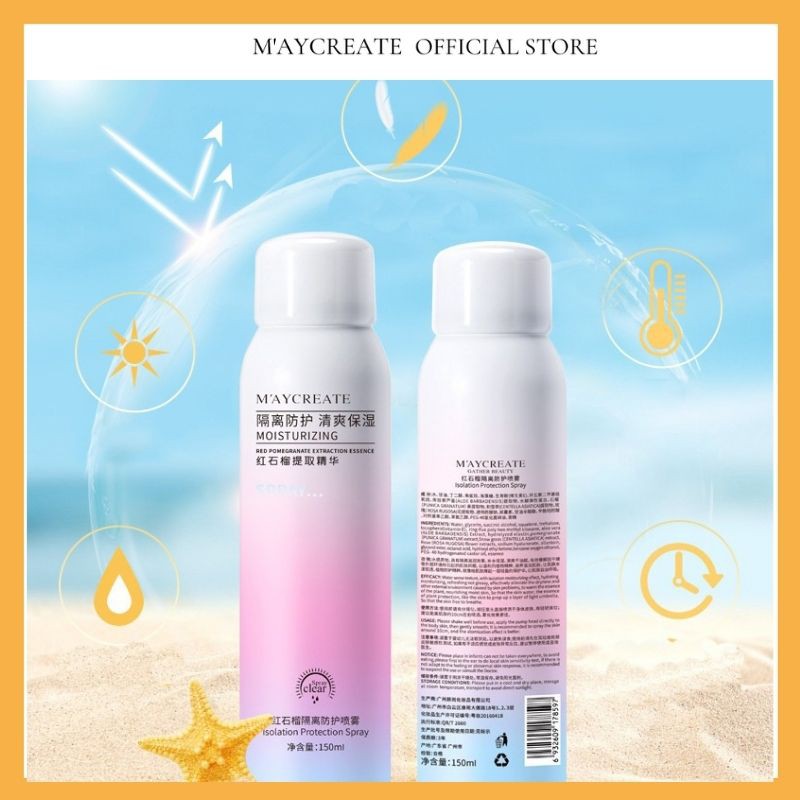 Xịt chống nắng toàn thân MayCreate Moisturizing 150ml trắng da nâng tone da chống thấm nước MXCN1