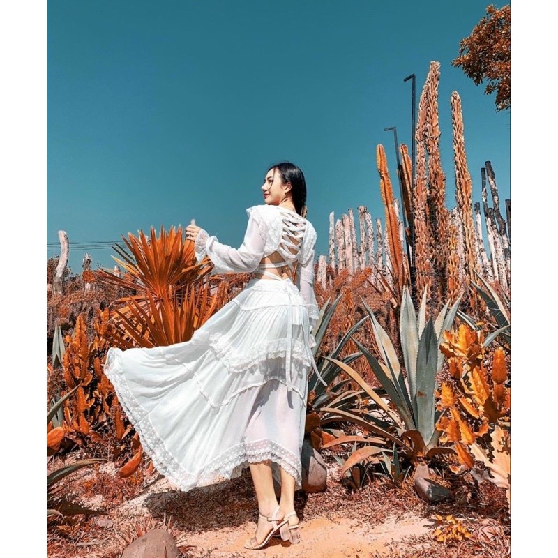 Đầm maxi trắng phối ren đan lưng [ FREESIZE DƯỚI 55KG] nhẹ nhàng nữ tính | BigBuy360 - bigbuy360.vn