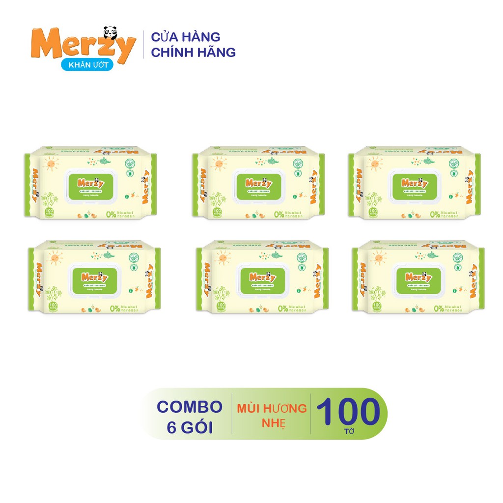 Combo 6 gói khăn ướt Merzy mùi hương lô hội gói rút 100 tờ