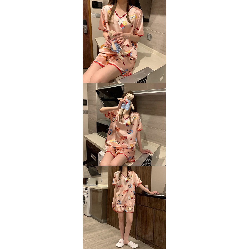 Đồ Bộ Ngủ Nữ Cổ chứ V Satin Cộc tay dành cho mùa hè - Quần Áo Ngủ Nữ ngộ nghĩnh đáng yêu mã QA07 | BigBuy360 - bigbuy360.vn