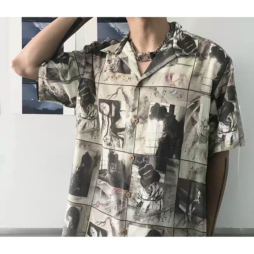 Áo sơ mi unisex chiffon tay ngắn in họa tiết hoạt hình có thể mặc cặp mặc nhóm vải mềm mịn thoáng mát