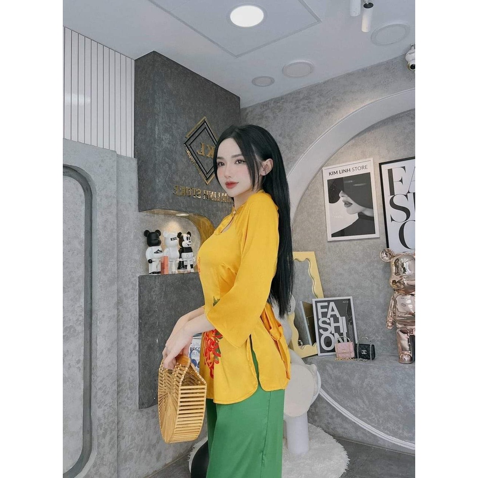 Đồ Lam Đi Chùa Nữ - Set Lụa Thêu Hoa Bỉ Ngạn Cao Câp Trang Nhã AL046