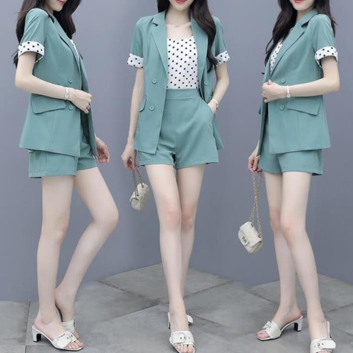 Bộ Vest Short 3 Món Phối Bi Cao Cấp - Set Vest Đùi Cotton Kèm Áo Lụa Chấm Bi Sang Trọng Cho Nàng Năng Động Sang Trọng | BigBuy360 - bigbuy360.vn