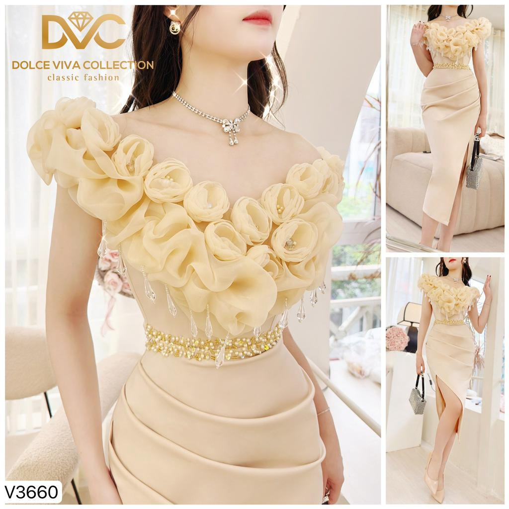 VÁY DỰ TIỆC CỔ V ĐÍNH HOA NỔI ÔM BODY SIÊU SANG V3660 - DVC