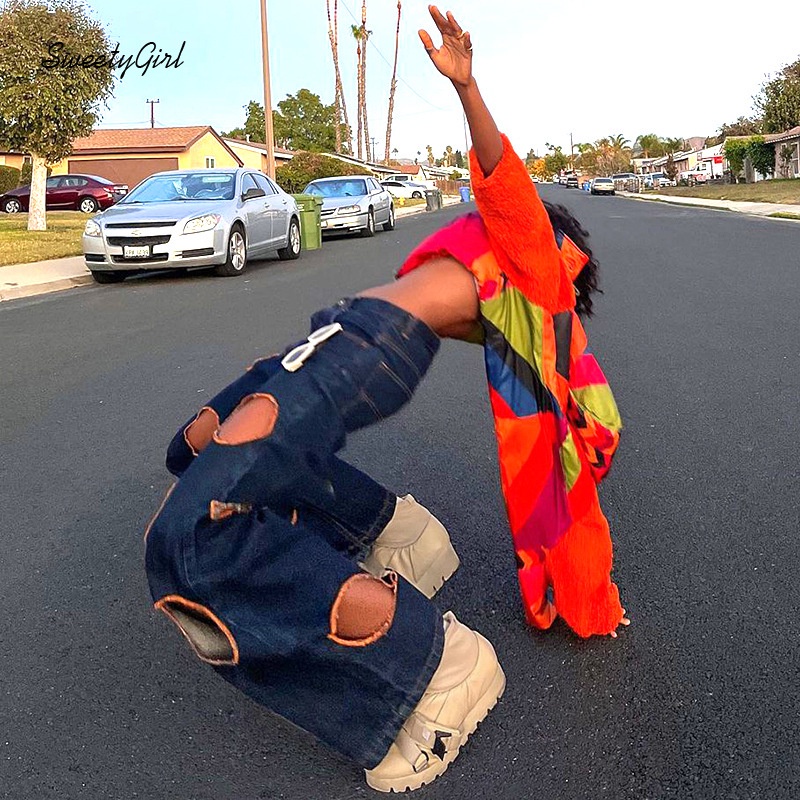 Quần Jean Ống Đứng Lưng Thấp Thiết Kế Rách Độc Đáo Thời Trang 2022 Cá Tính Cho Nữ