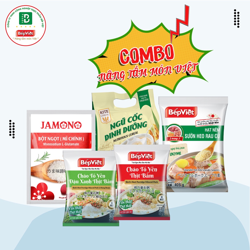 Combo 5 món Hạt nêm cao cấp, Ngũ cốc dinh dưỡng, Bột ngọt-Mì chính, Cháo tổ yến, Cháo tổ yến đậu xanh thịt bằm Bếp Việt