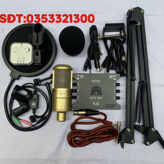 BỘ MIC HÁT THU ÂM KARAOKE AQTA AQ220-SOUND CARD XOX K10 2020 tặng tai nhét bh 6 tháng