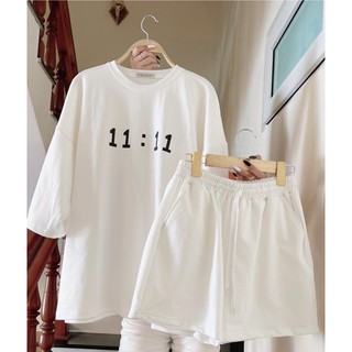 Sét áo thun + quần đùi 11, bộ áo cộc tay nữ, chất cotton su, form to rộng, 2 màu đen, trắng HB488TD