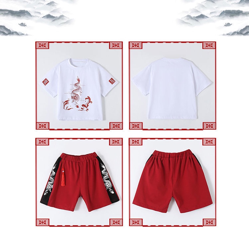 Set trang phục SANTIKUN áo thun tay ngắn họa tiết rồng và quần đùi phong cách Trung Hoa năm mới xinh xắn cho bé