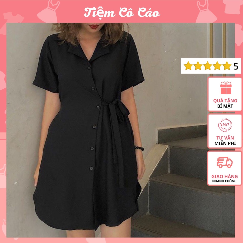 Đầm xinh nữ đi chơi phối dây nơ eo Tiệm Cáo, đầm phối nút nhẹ nhàng cực dễ thương