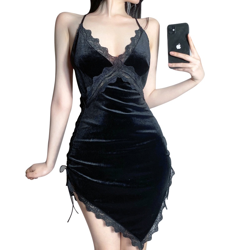 Đầm Ngủ LEOSOXS Hai Dây Vải Nhung Phối Ren Hở Lưng Thời Trang Gợi Cảm Cho Phái Nữ