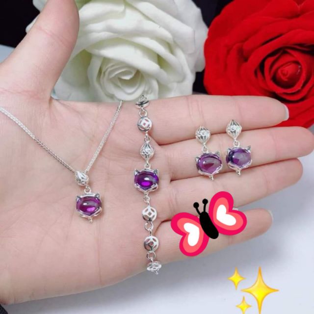 Bộ trang sức bạc phối đá hình hồ ly màu ánh tím