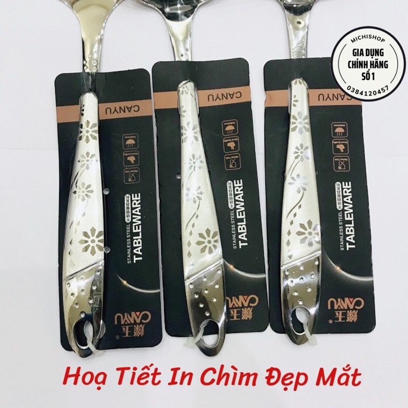 Bộ Muôi Múc Canh, Xẻng Xào Inox 304 Cao Cấp Họa Tiết Cán Hoa