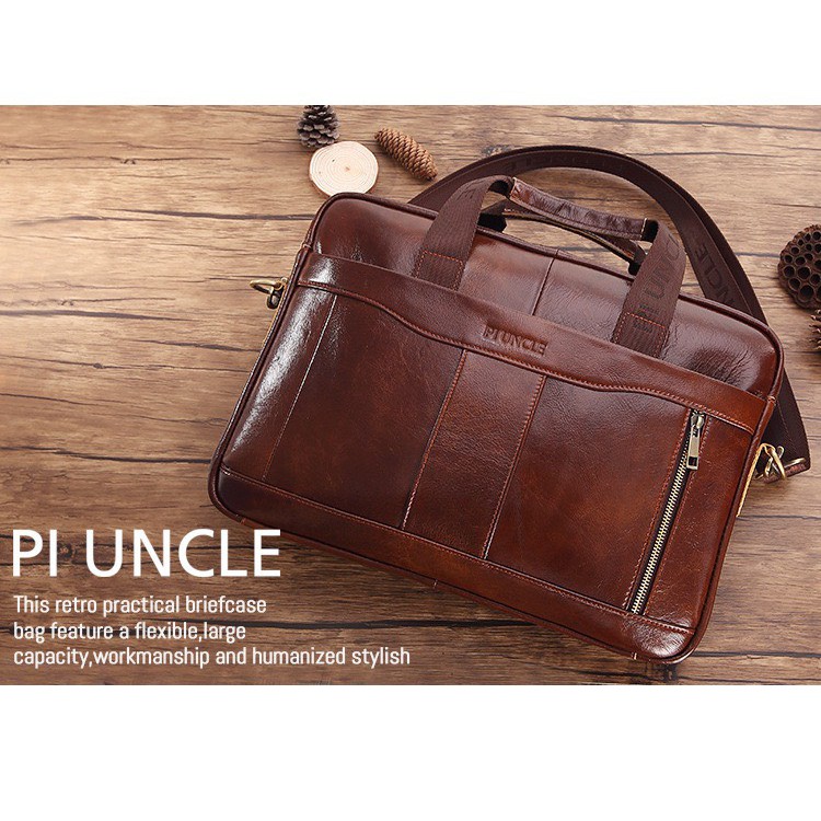 Túi xách cặp da đựng laptop 14 inch da bò công sở PI UNCLE T11 40x28x10cm | BigBuy360 - bigbuy360.vn