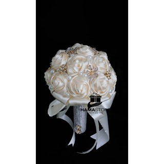 HOA CƯỚI 2021-Bó hoa cưới cầm tay cô dâu đính phụ kiện cao cấp tone màu kem sang trọng