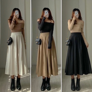 Chân váy xếp li chun lưng dáng dài vintage - Chân váy midi xếp ly to vintage dài