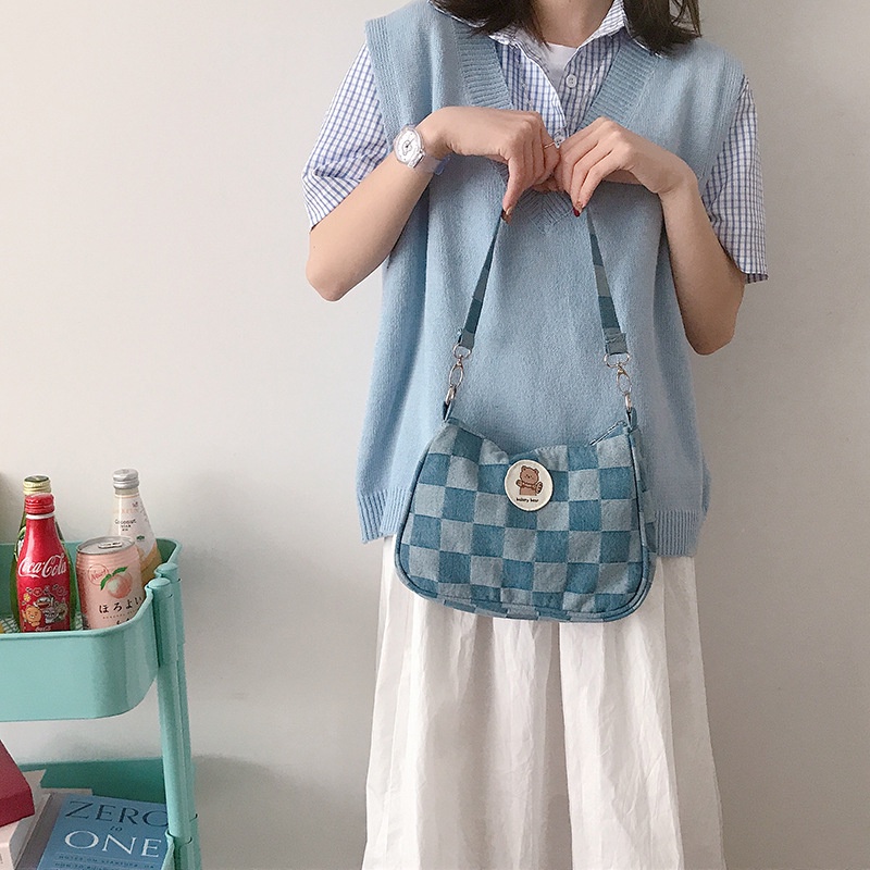 Ielgy Túi Xách Tay Họa Tiết Kẻ Caro Màu Xanh Dương Cho Nữ