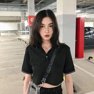 Áo Croptop Thun Cổ Sơ mi Đen Trơn