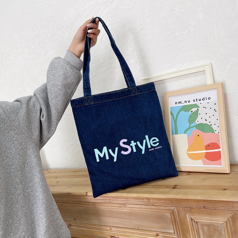 Túi Xách Denim In Chữ Thời Trang Nữ Tính