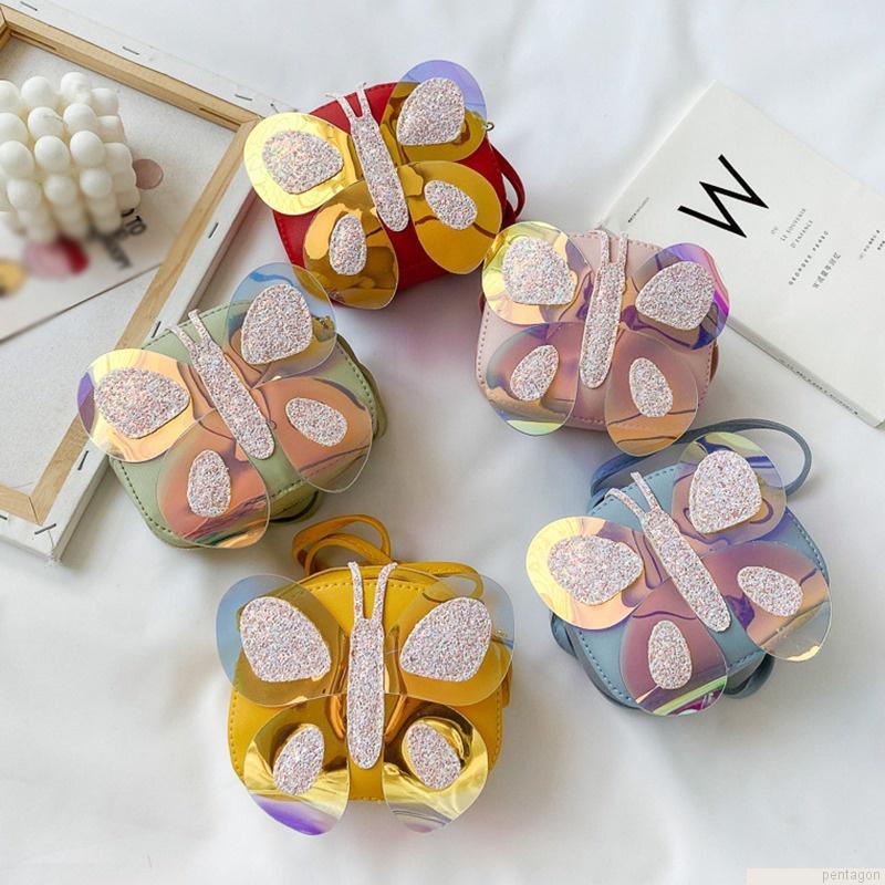 Túi đeo chéo mini bằng da PU đính sequin hình bướm dễ thương cho bé gái