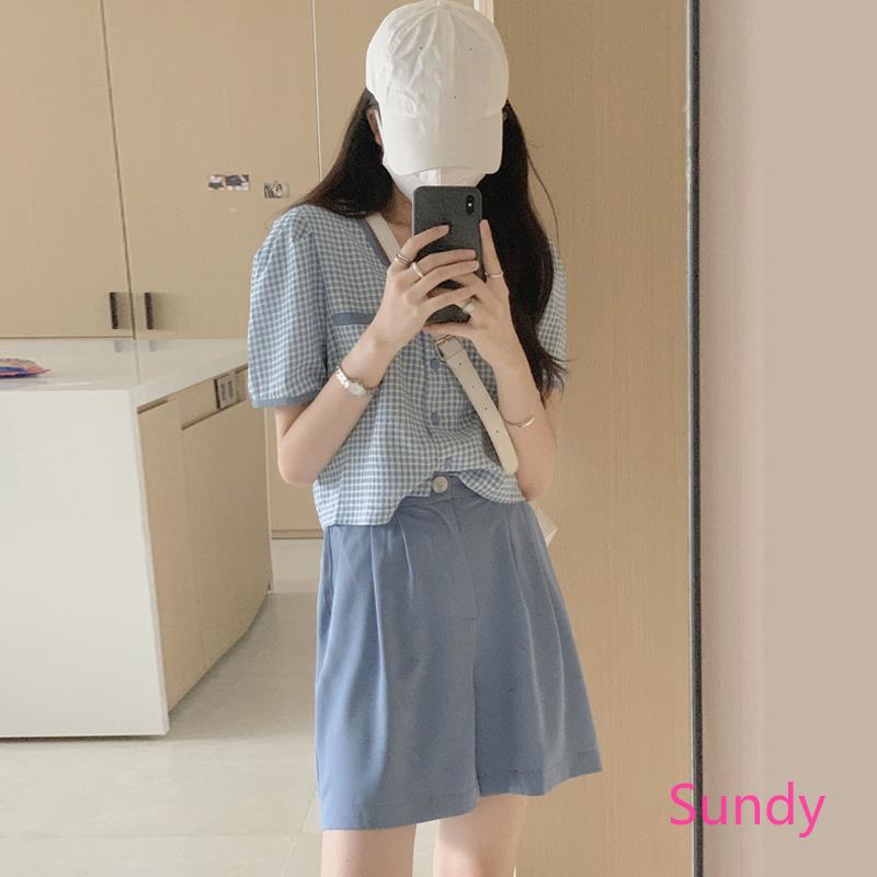 Áo Sơ Mi Tay Ngắn Dáng Rộng Kẻ Sọc Hoặc Quần Short Lưng Cao Ống Rộng Thời Trang Mùa Hè Cho Nữ Có Bán Nguyên Set