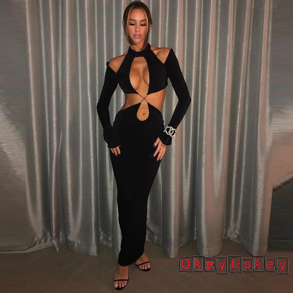 OKDK-Women Sexy Cut Out Dress Halter Neck Solid Color Hollow Pleated Slim Fit One Piece