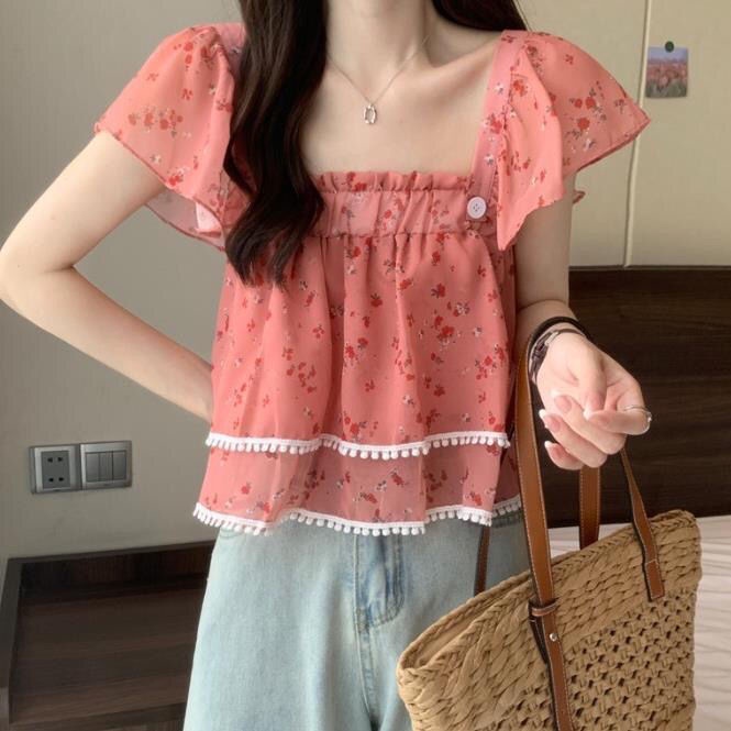 Áo Sơ Mi Tay Ngắn Cổ Vuông In Họa Tiết Hoa Phong Cách Phương Tây Thời Trang Mùa Hè 2022 Mới