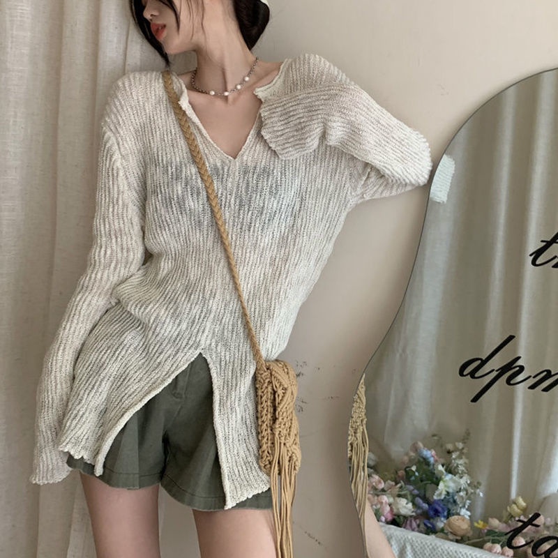 COZOKC COZOK Áo kiểu COZOK dệt kim tay dài dáng rộng thiết kế xẻ tà che nắng thời trang quyến rũ dành cho nữ