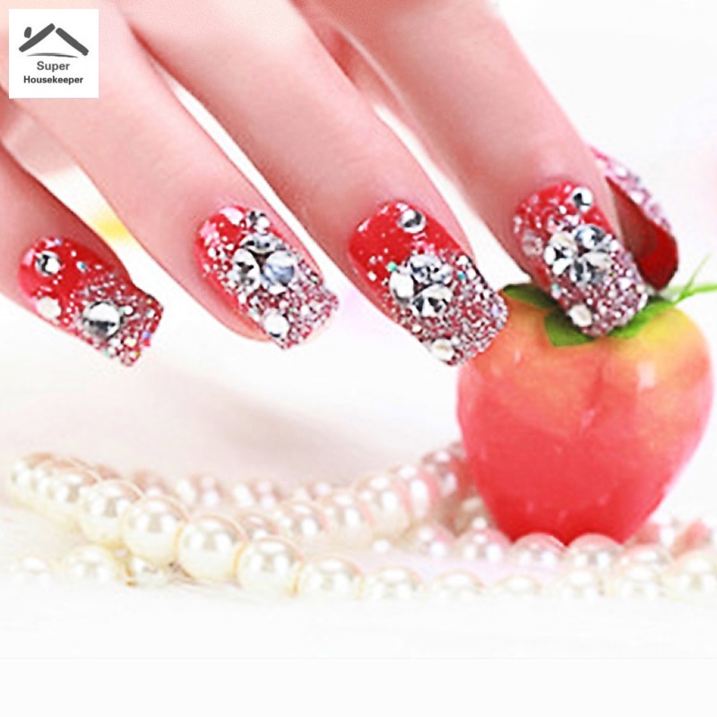 Set 24 móng tay giả màu đỏ đính đá 3D thời trang cho nữ