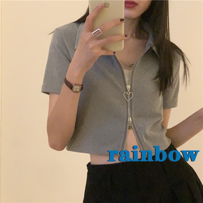 Áo Croptop Dệt Kim Tay Ngắn Dáng Rộng Màu Sắc Cầu Vồng Phối Khóa Kéo Thời Trang Cho Nữ | BigBuy360 - bigbuy360.vn
