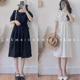 Váy kiểu Hàn Quốc V.073, Váy babyoll cổ vuông tay bồng rút dây eo cực xinh (mặc được 2 kiểu)