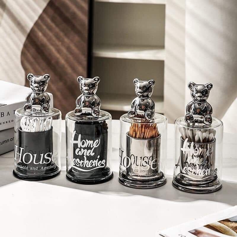 (Sẵn) Lọ đựng tăm thủy tinh hữu cơ phong cách sang trọng nắp gấu decor