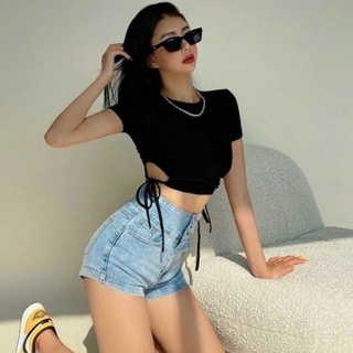 Áo kiểu thun gân dây rút eo 2 bên