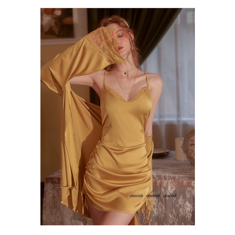 (M. 144) Váy ngủ sexy lụa phối ren có dây rút cao cấp Đầm mặc nhà gợi cảm quyến rũ
