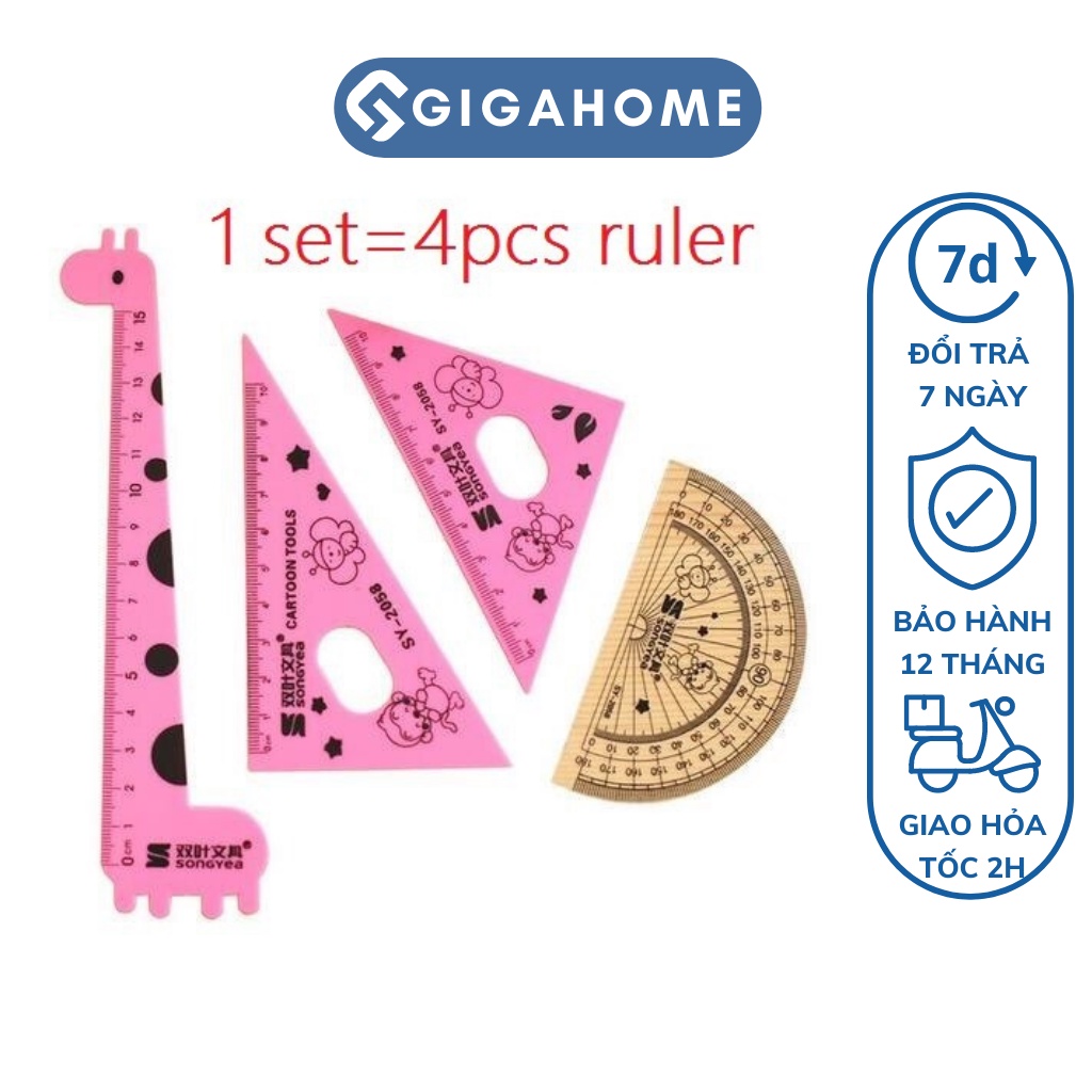 Bộ 4 Thước Kẻ Học Sinh GIGAHOME Đo Góc, Đo Độ Hình Hươu Cao Cổ Đáng Yêu 9110