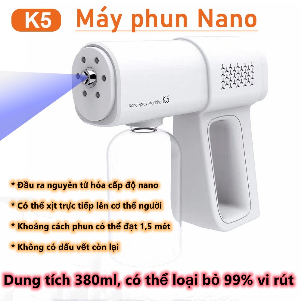 Máy phun sương nano không dây K5 380ml dung tích lớn khử trùng ánh sáng xanh tiện dụng