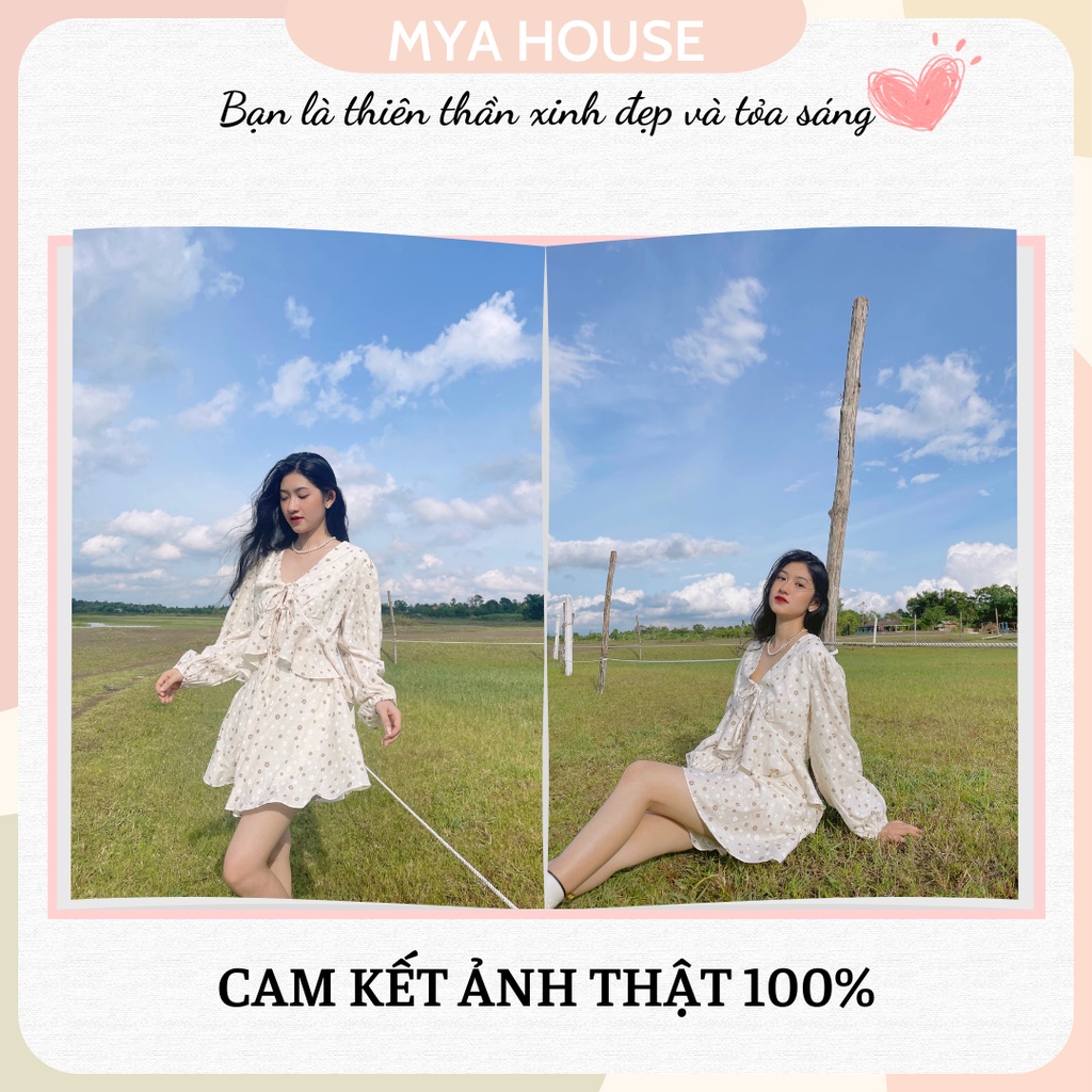 Set áo crop voan hoa nhí cổ v short giả váy chất liệu mềm mát phong cách dễ thương trẻ trung Hàn Quốc