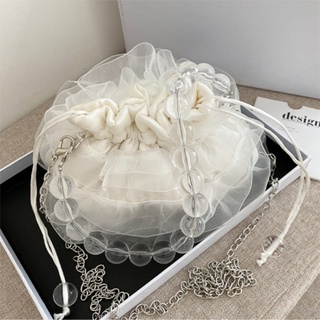 Túi mini quai ngọc, tơ lụa trắng phối bèo tiểu thư, sang chảnh