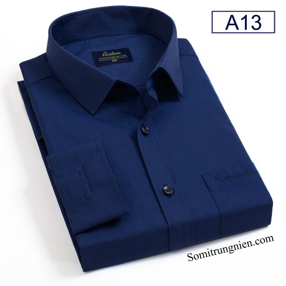 Áo Sơ Mi Nam Công Sở Trung Niên Thương Hiệu Anton Dài Tay Vải Cotton Xanh Đậm Trơn Có Túi - A13 | BigBuy360 - bigbuy360.vn